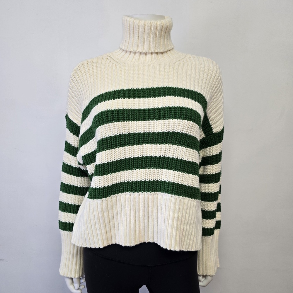 Madewell Wide Rib Turtleneck Stripe Sweater Green Cream Womens Size S Preppy
